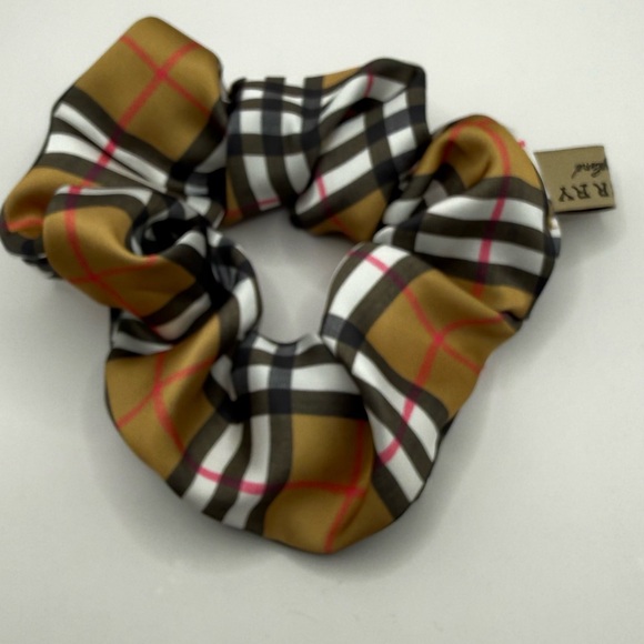 Accessories - Luxury Black brown tan plaid hair scrunchie hair tie ponytail holder New